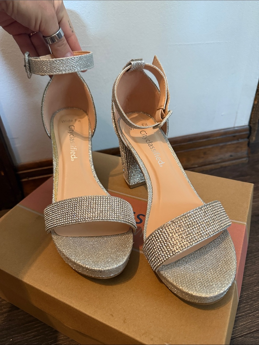 Sparkling Silver Block Heel Sandals with Ankle Strap